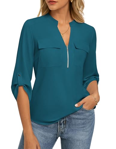 Womens Business Casual Tops,3/4 Sleeve Henley Shirts with Zip Up,Office Work Blouses Lightweight Summer Peacock Blue L