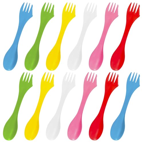 SYEYCW 12 Stück Kunststoffgabeln, Kunststoff Spork Campingbesteck Set, Tragbare und Wiederverwendbare Camping Spork, Löffelgabel für Outdoor, Camping, Backpacking Wandern, Reisen, 6 Farben