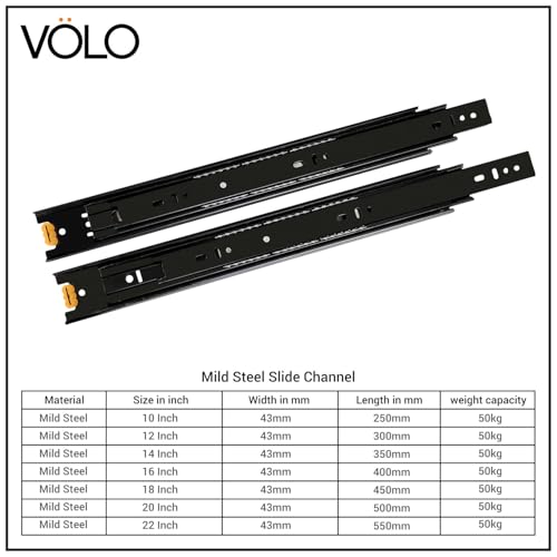 Image of Volo Heavy Duty Drawer Slides, Full Extension Ball Bearing Runners | Pack of 2 Piece | Channels for Kitchen Cabinets, Wardrobes, and Dressers (Black Mild Steel, 14 Inch)