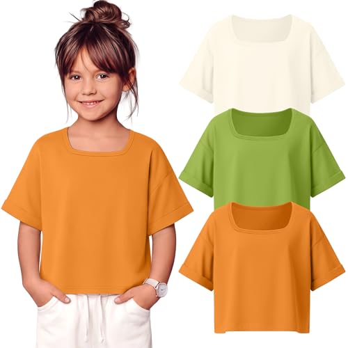 LessonZoo 3 Pack Girls' Crop Tops Kids Oversized Short Sleeve T-Shirts Loose Square Neck Shirts Rolled Cuff Athletic Tees(Orange, Grass Green, Cream,9-10 Years)
