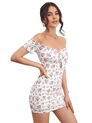 Sweatyrocks Women's Casual Off Shoulder Dress Floral Print Tie Front Bodycon Mini Dresses White L #TOP2