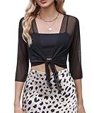 Avidlove Womens Shrug Sheer Tie Front 3/4 Sleeve Cropped Cardigan Mesh Bolero Lightweight Shrug for Dressy Black Medium