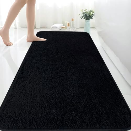 Image of Rururug Extra Large Bath Mat, 150x60 cm Super Absorbent Microfiber Bathroom Rug, Non-Slip Anti-Mould Bath Mat, Machine Washable Long Bathroom Mat for Bathroom & Bedroom, Black