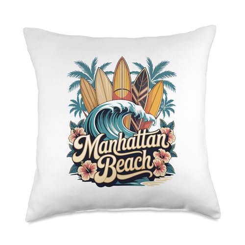 Manhattan Beach Surfboards Retro South Bay Art Throw Pillow