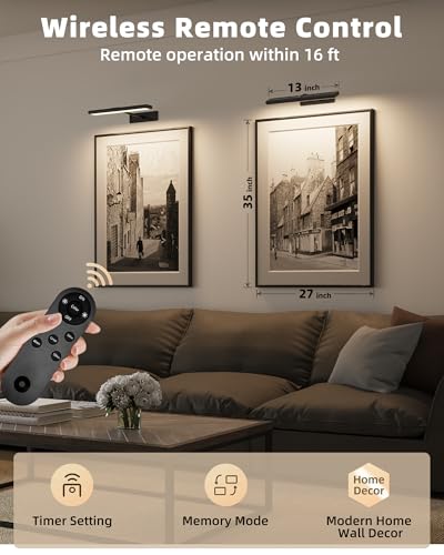 Image of EZVALO Picture Light for Wall, 16'' Black Rechargeable 4800mAh Black Lights Wireless Remote, Dimmable Magnetic LED Art Painting Light with 3 Color Temperatures, Display for Gallery, Living Room(2P)
