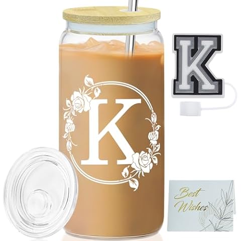 AiHeart Initial Glass Cup,Monogrammed Gifts for Women,Personalized Glass Tumbler,16oz Glass Cups with Lids and Straws,Birthday Gift,Iced Coffee Mug,Cute Tumbler,for Smoothie-K Cover