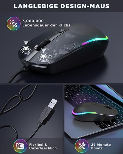 seenda Maus mit Kabel, PC Computermaus mit Kabel, 1600 DPI USB Maus Kabelgebunden für Laptop/PC/Computer/Mac, Schwarz
