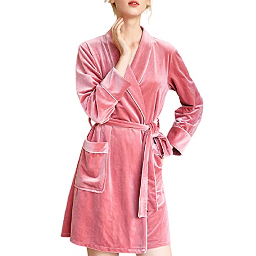 ASDFGHJKL Mujeres Kimono Batas Damas con Cuello En V Albornoz Suave Algodón Ropa De Dormir Loungewear Pijamas De Terciopelo,Pijamas Cortos Y Medianos Largos,Albornoces De Casa,Pink-L Cover