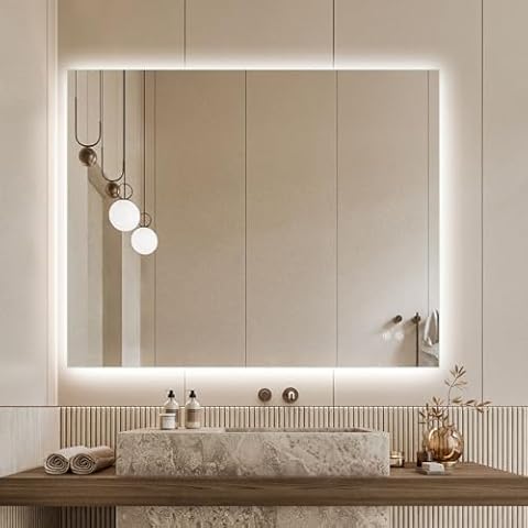 TheiaMo LED Backlit Mirror 40x32, Anti-Fog Shatterproof Lighted Bathroom Mirrors with Memory Function Tempered Glass Wall Mirror, 3 Adjustable Colors IP65 Waterproof, UL Listed Cover