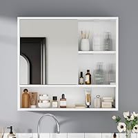 BSTSEL Wall Mounted Bathroom Mirror Cabinet 70(L) x 65(H) x 17(D) cm with Adjustable Shelf, Tempered Textured Glass Glass Door Storage Cabinet for Toiletries Furniture Unit (without light)