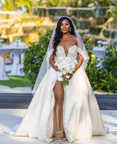 Xyiveaf Off Shoulder Long Wedding Dresses 2025 Crystals Beading White V-Neck Bridal Dress Satin Bride Wedding Gown with Slit2