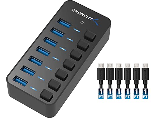 7 Port USB 3.0 Hub with Individual Power Switches and LEDs Includes 36W 12V/3A Power Adapter+ Micro USB Charging Cable for Android Phone and Tablet [6 Pack,1FT/0.3M] Premium High Speed, Fast Charger C