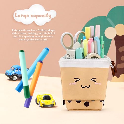 Cute Standing Pencil Case for Kids, Pop Up Pencil Box Makeup Pouch, Christmas Gift Kids Corduroy Pen Holder Organizer Cosmetics Bag, Kawaii Stationary (Brown)
