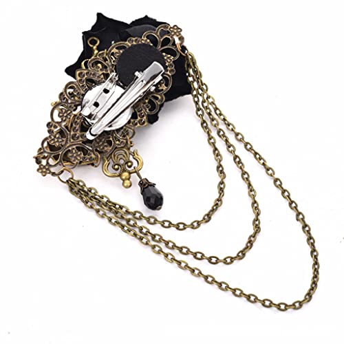 Vintage Punk Rose Hair Clip Skull Cross Long Chain Brooch Pin Gothic Lolita Headpiece For Halloween Costume Hair Accessories #TOP1