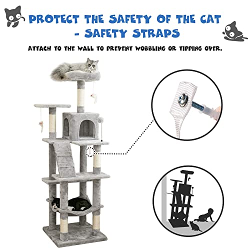 Mwpo 63.8 Inches Multi-Level Cat Tree For Large Cats With Sisal-Covered Scratching Posts, Padded Platform, Hammock And Condo,Stable Cat Tower Cat Condo Pet Play House-Light Gray #TOP4