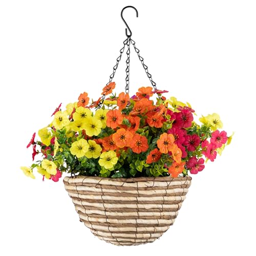 Christow Artificial Sweet Violet Hanging Basket, Woven Garden Planter With Mixed Colour Flowers, Uv-Resistant Pe Leaves, Pre-Fitted Triple Steel Chain With Hook, Outdoor Decoration, 25Cm Diameter