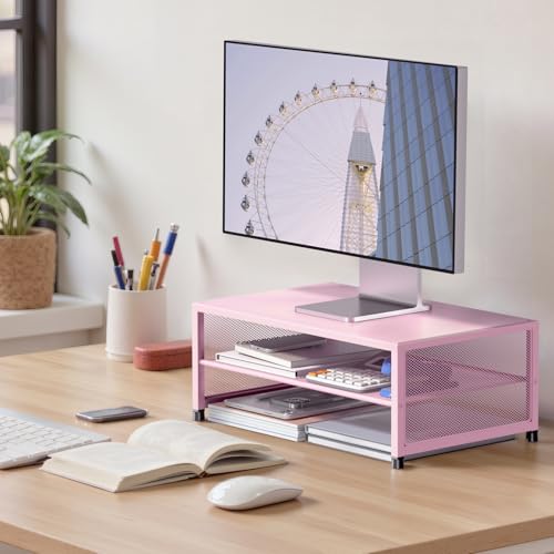 Image of ECOLOVI 2-Tier Computer Monitor Stand Riser, Printer & Laptop Stand, Office Desk Accessories, Workspace Desk Organizer for Home Office Supplies, Pink