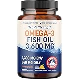 Triple Strength Omega 3 Fish Oil 3600 mg | EPA & DHA | Over 2100mg Omega-3 Fatty Acids | 1300mg EPA + 860mg DHA | Best Essential Fatty Acids | Premium Wild Caught & Burpless Fish Oil | 120 Ct