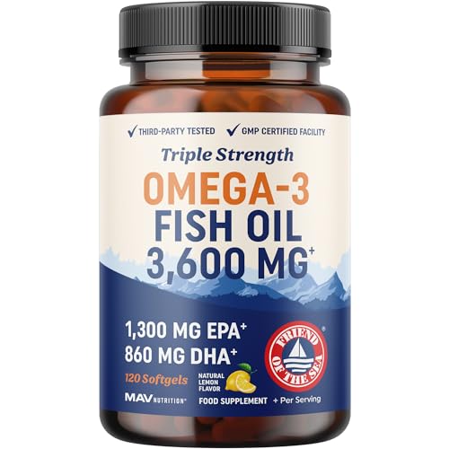 Triple Strength Omega 3 Fish Oil 3600 mg | EPA & DHA | Over 2100mg Omega-3 Fatty Acids | 1300mg EPA + 860mg DHA | Best Essential Fatty Acids | Wild Caught Omega 3 Capsules High Strength | 120 Ct
