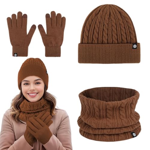 Sghtil Juego de gorro y bufanda para mujer, conjunto de gorro y guantes para mujer, conjunto de bufanda, gorro, guantes y bufanda para el día de la madre, Acción de Gracias, Navidad, hogar, marrón