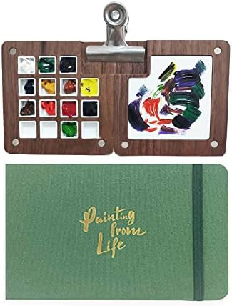 15 Color Wooden Grid Paint Box,Portable Sketchbook Palette,Watercolor Paint Palette for Drawing,Travel Paint Case, Gift for Painters Artists,Mixing Tray with a Clip (Paint Palette+Sketchbook)
