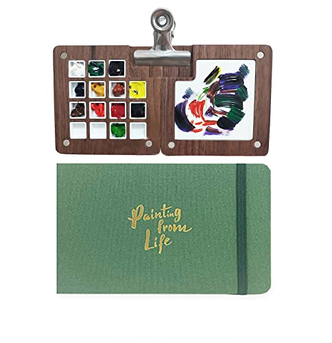 15 Color Wooden Grid Paint Box,Portable Sketchbook Palette,Watercolor Paint Palette For Drawing,Travel Paint Case, Gift For Painters Artists,Mixing Tray With A Clip (Paint Palette+Sketchbook) #TOP10