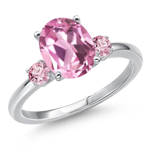 Gem Stone King 14K White Gold Light Pink Created Sapphire and Pink Lab Grown Diamond 3-Stone Engagement Ring For Women | 3.26 Cttw | Oval 10X8MM and Round 3MM | Size 5, 6, 7, 8, 9 | Size 7