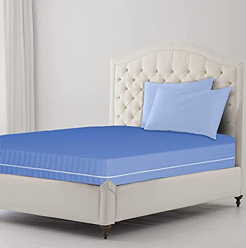 Anti Allergy Blue Strip Zipped Mattress Cover Protector Waterproof Encasement Single Double King Bed Mattress Topper (King)