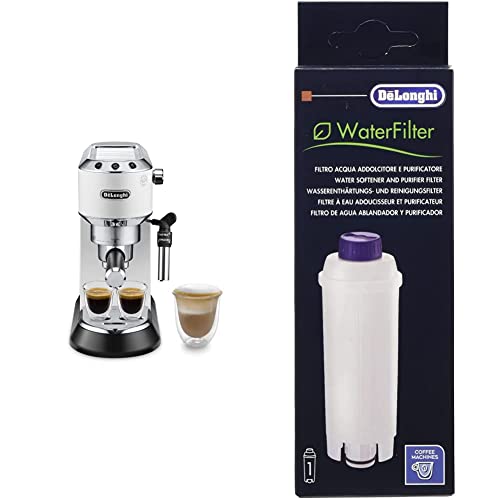 DELONGHI Dedica Style, Machine expresso pour préparer des boissons café et lactées, EC685W, Blanc & DLSC002 Filtre à eau