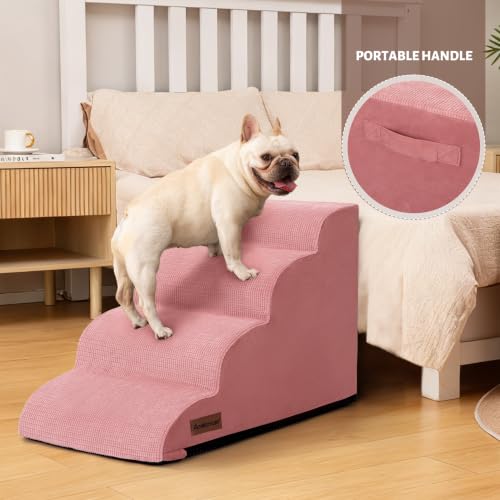 Image of 4-Step Dog Stairs for Bed or Couch, Pink Pet Ramp for Small Dogs, Cats | Aodisman Elegant Pink Dog Ramp Designed for Dogs and Cats, Ideal for Beds and Couches, Providing Comfortable Access, 17.7 inch H