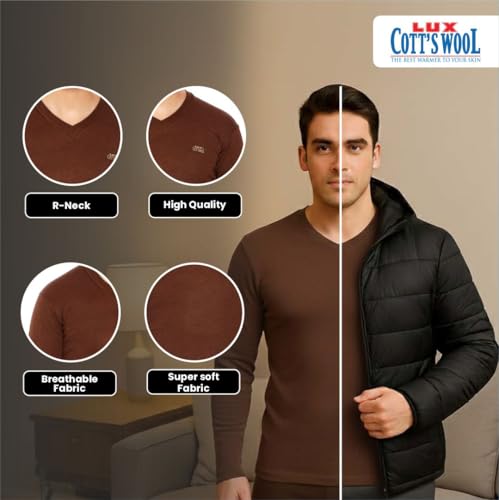 Image of Lux Cottswool Men's Cotton Thermal Set | Top & Bottom Body Warmer | V-Neck Winterwear | Full Sleeves & Snug Fit with Stay Warm Technology | Skin Friendly with Superior Heat Retention