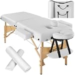 tectake® Table de Massage Pliante Professionnelle 2 Zones Ergonomique Massage et Relaxation Bois Table Esthetique Professionnel Lit de Massage Portable, Rouleaux & Housse de Transport - Blanc