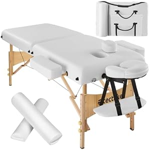 tectake® Table de Massage Pliante Professionnelle 2 Zones Ergonomique Massage et Relaxation Bois Table Esthetique Professionnel Lit de Massage Portable, Rouleaux & Housse de Transport - Blanc