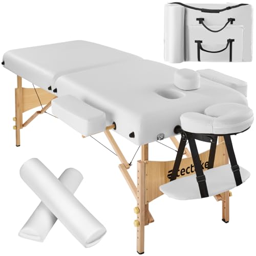 tectake 800981 Massageliege mit 7,5cm Reiner Polsterung, klappbar und höhenverstellbar, Massagetisch mit 3 Zonen, Kopf- und Armstütze, Massagebank mit Holzfüßen, mit Tragetasche (Beige | Nr. 404375) 6 TecTake Massageliege 7,5cm reine Polsterung + 2 Lagerrungsrollen + Tasche -diverse Farben- (Weiß)