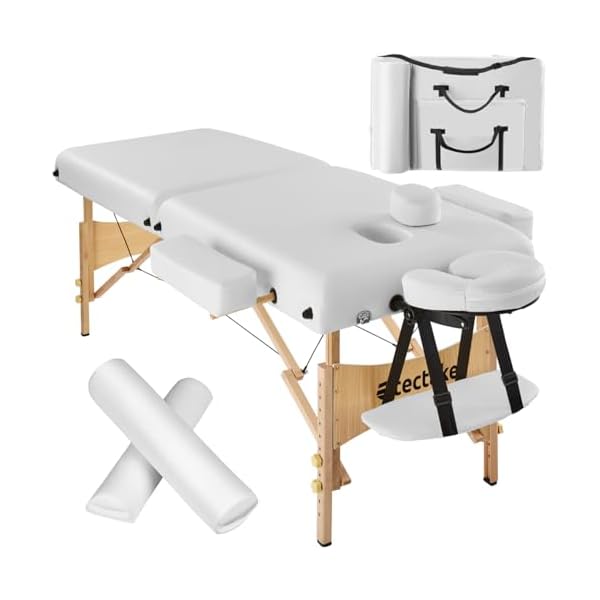 tectake® Table de Massage Pliante Professionnelle 2 Zones Ergonomique Massage et Relaxation Bois Table Esthetique Professionnel Lit de Massage Portable, Rouleaux & Housse de Transport - Blanc