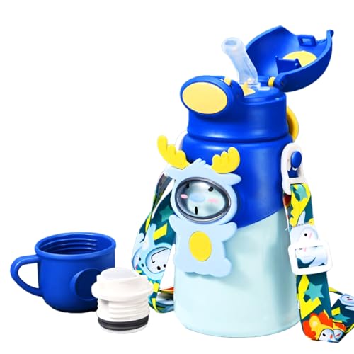 Image of JOYFIILS 2 in 1 Kids Sipper Cum Water Bottle with Cup - Stainless Steel Sipper Water Bottle for School, Play & Travel - Leak-Proof, BPA-Free- Sipper for Girls, Boys, Toddlers - 500 ML - Blue Deer