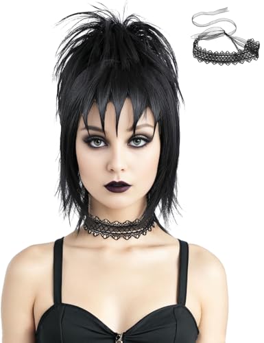 AMZCOS Short Black Cosplay Wig with Curl Buns and Choker Accessories Heat Resistant Synthetic Hair Straight Wigs with Bangs for Women Adult Gothic Witch Costume