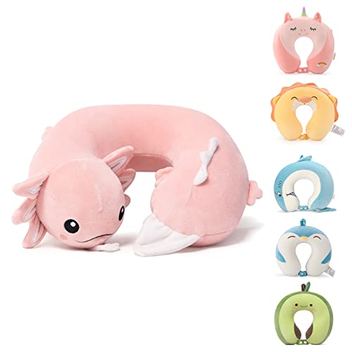 Image of Memory Foam Kids Travel Neck Pillow for Ages 9+, Blue Axolotl Design | Removable cover, machine washable, 360-degree head & chin support, 17 in neck size for teens and adults, car & airplane use