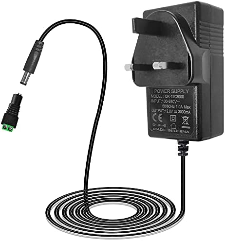 Zaby 12V 3A Power Supply, AC 100-240V to DC 12V Power Supply Plug, Low Votalage LED Adaptor for LED Lights CCTV Camera, 36W UK Plug with 1.1M Cable 5.5mm x 2.1mm Jack