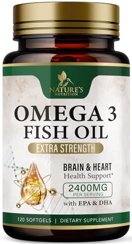 Omega 3 Fish Oil Supplements - 2400mg Fish Oil Per Serving - Triple Strength Omega-3 with EPA & DHA Fatty Acids - Natural Heart Brain & Immune Support - Wild Caught Bottled in USA - 120 Softgels