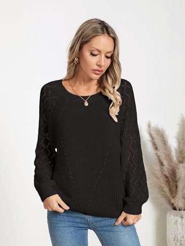 Image of Libsorge Womens Cute Crochet Knit Hollow Out Sweater Fall 2024 Lightweight Ribbed Crewneck Long Sleeve Pullover Top