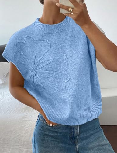 Image of Womens Casual Floral Flower Sweater Vest Crew Neck Sleeveless Summer Loose Ribbed Knit Pullover Tops