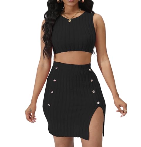Image of Womens 2 Piece Club Outfit Going Out Dress Crop Top & Slit Skirt Set