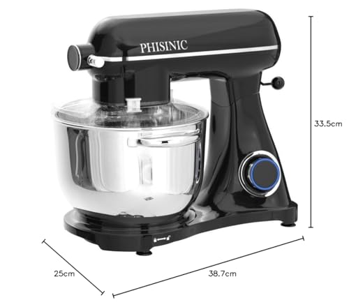 Foto von PHISINIC Küchenmaschine Knetmaschine (1800 W) leistungsstark leise und multifunktional Metallgehäuse inkl 6,5 L Edelstahlschüssel 3-Rührwerkzeuge Spritzschutz Teigschaber Eiertrenner Schwarz