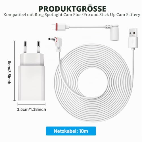 2 Stück 10 m Langes Netzkabel und Adapter - Stromkabel und Adapter, Ladekabel für Ring, Wetterfester Netzstecker und USB-C-Ladekabel Kompatibel mit Ring Spotlight Cam Plus/Pro und Stick Up Cam