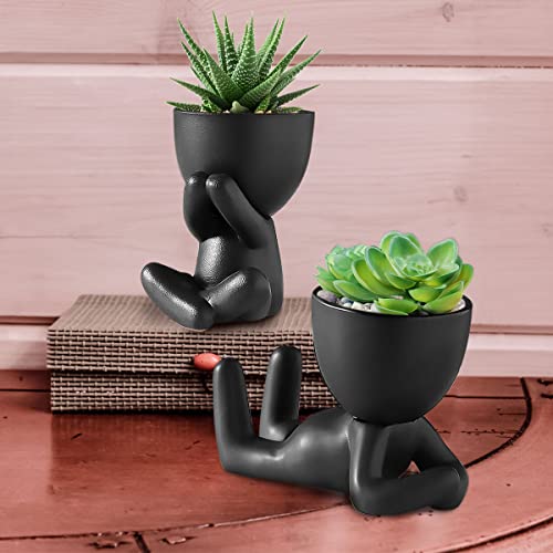 Jetcloud 2pcs Ceramic Flower Pot Small Human Shape Cactus Pot Creative Black Plants Succulent Pot Cute Vase Planter Table Decoration for Desktop Home Office Garden Decor