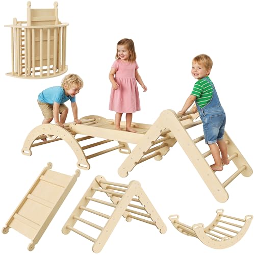7-in-1 Pikler Triangle Set Foldable Baby Climbing Toys Wooden Climbing Set with Arch&Ramp&Ladder Baby Climber Indoor Jungle Gyms for Toddlers Toys Birthday for Kids