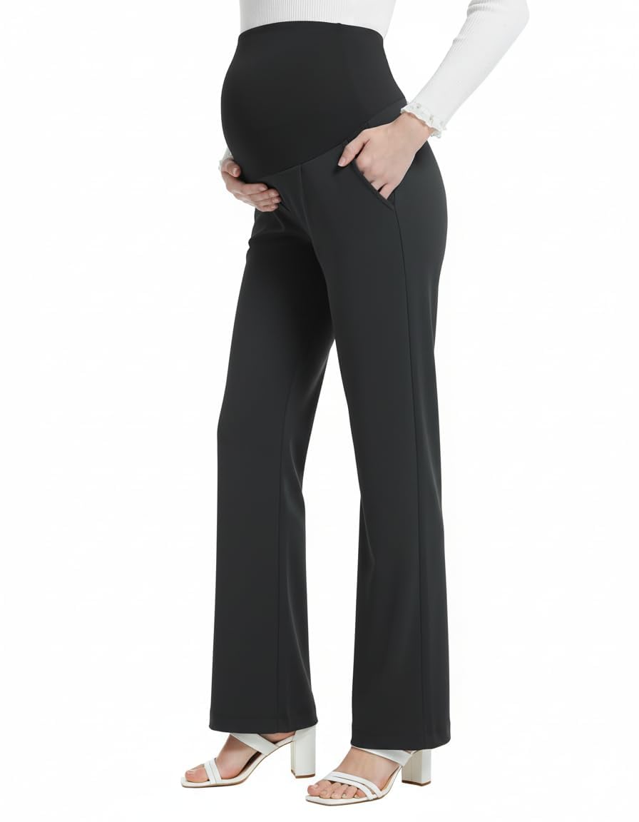 Pantalon Grossesse Femme Jambes Larges Bureau | Taille Haute, Extensible, Avec Poches, Maternité, Travail, Maison
