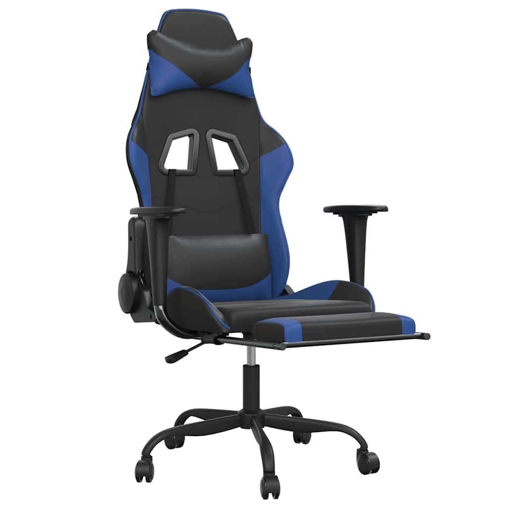 Silla gaming de piel sintética negra y azul con función de masaje, reposapiés, soporte lumbar, altura regulable, silla giratoria, ergonómica para jugar, streaming y trabajo en el escritorio