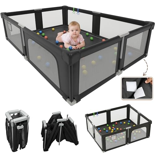 Image of Foldable Playpen for Babies and Toddlers with Mat, 73 inch x 61 inch Playard for Indoor & Outdoor, Baby Play Pen with Soft Breathable Mesh, Pull-Link and Ocean Balls, Black